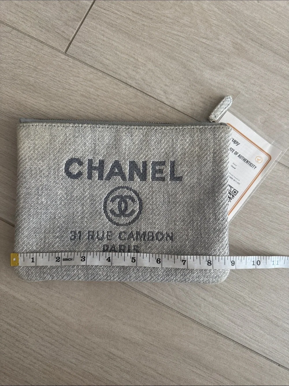 CHANEL Gray Deauville Canvas Zip Pouch with Logo Print